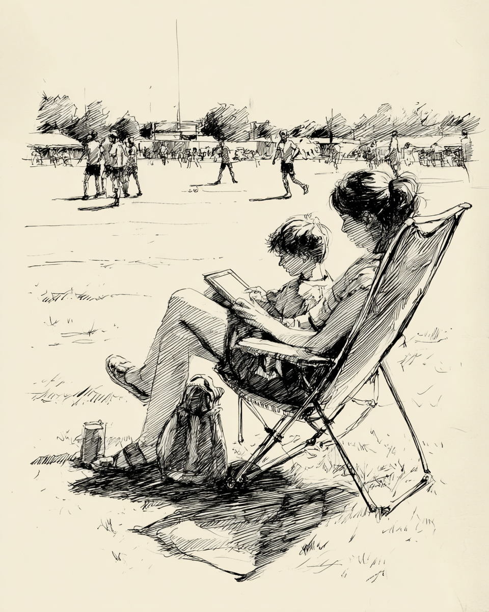 Mother and son reading together at soccer practice