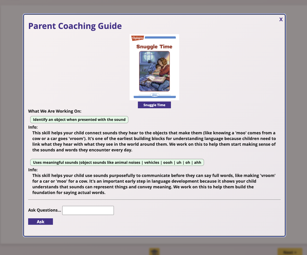 Parent coaching tips shown inside the Storilly app